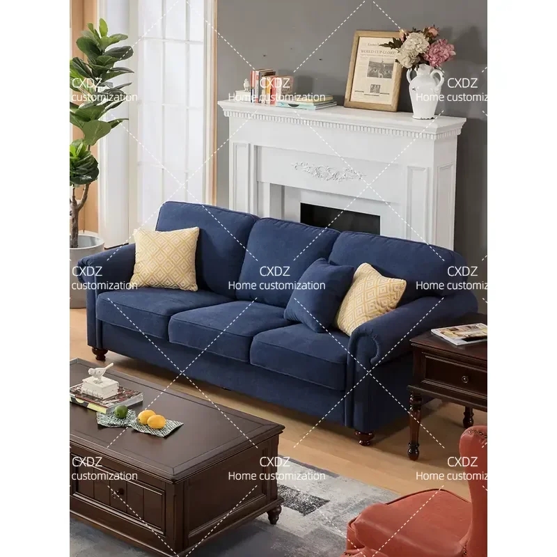 Mediterranean Style Fabric Sofa Set Sapphire Navy Dark Blue Flannel 3 Seater Couch for Small Apartment Nordic Living Room