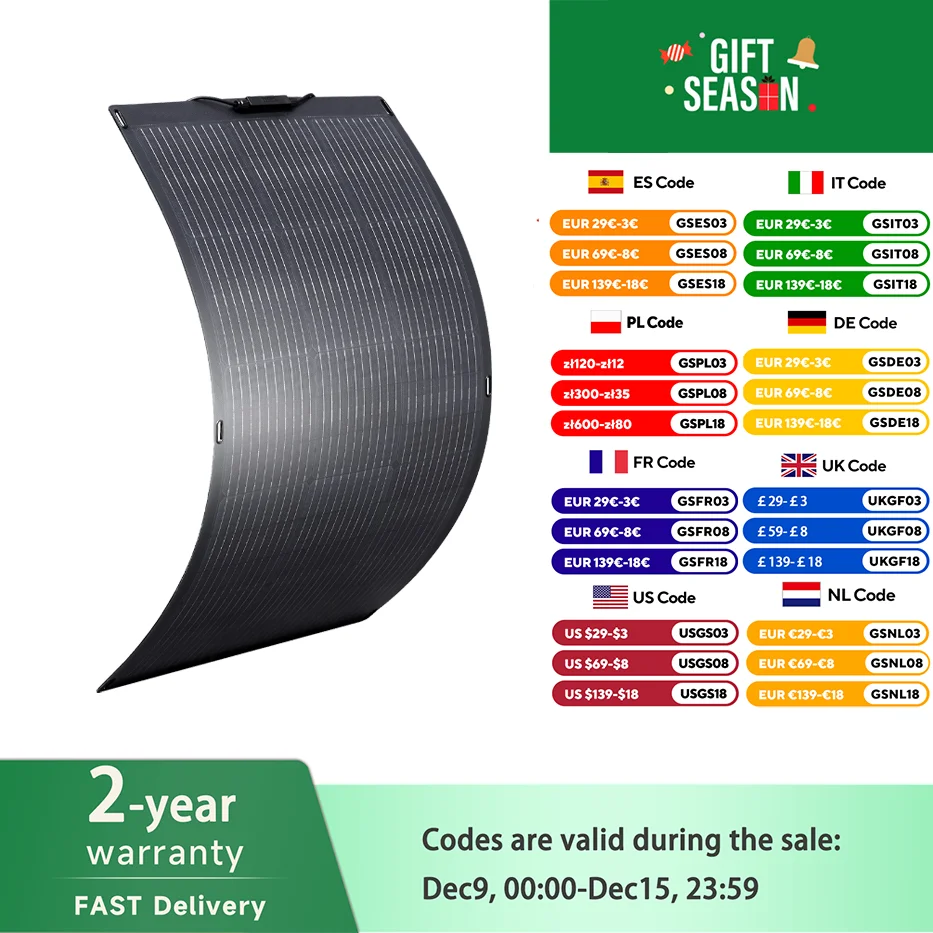 ALLPOWERS Flexible Solar Panel 100W Monocrystalline Solarpanel Solar Module Solar Cell Photovoltaic for Boat Roofs Garden RV