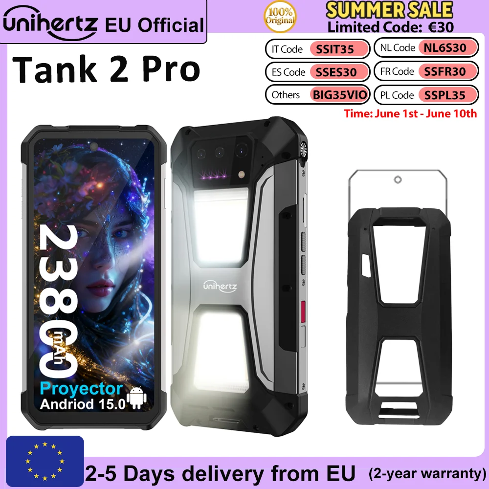 Unihertz Tank 2 PRO 8849 Smartphone robuste avec projecteur 512GB 24GB 2.4K téléphone portable Android 14 23800 mAh 100MP 64MP téléphone NFC