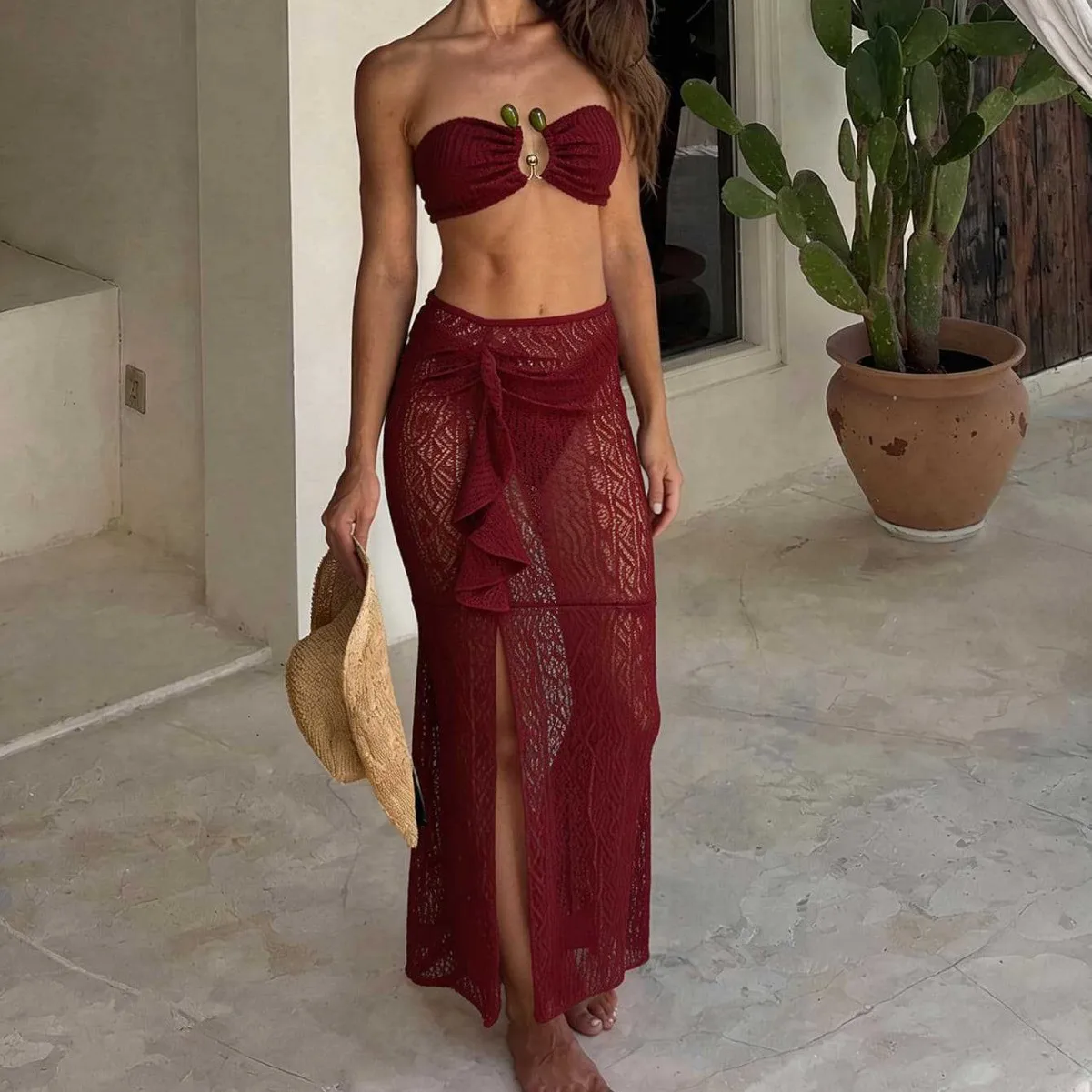 Bikini Set Swimwear Swimsuit Bathing Suits 3-Piece Sexy Strapless Red with Removable Straps Ruffle Skirt Cover-Up for Beach Pool