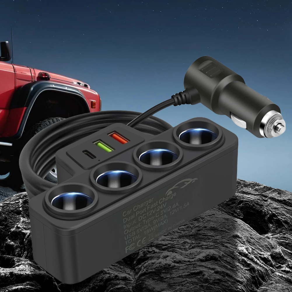Car Cigarette Lighter Adapter QC3.0+PD 3.1A 3 USB Ports Car USB Charger 4-Socket 18W 3 USB Socket Car Cigarette Lighter Splitter