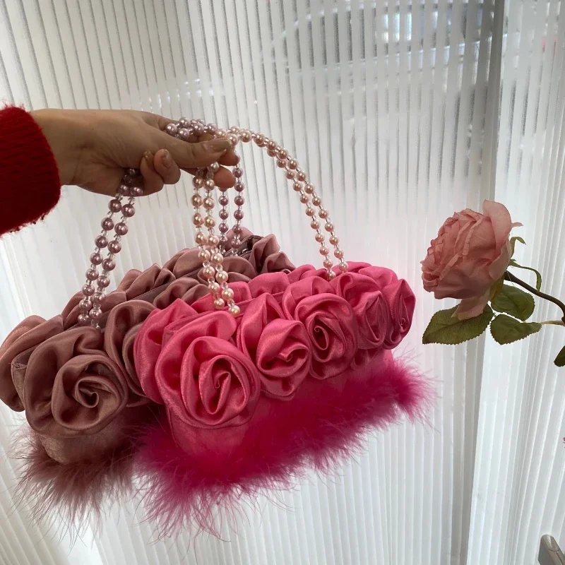 

Women New Fashion Silk Woven Flowers Feather Tassel Fairy Cute Tote Bag ShoulderBag Clutch Evening Bag Banquet Bag Party Club