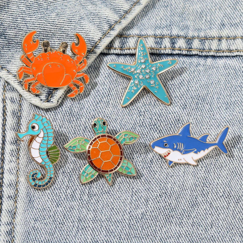 Pretty Seahorse Starfish Sea Turtle Shaped Brooches Cute Crab Shark Enamel Pins Marine Animal Badge