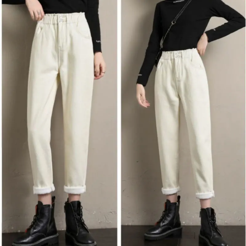 New Women Baggy Warm Y2k Jeans Harajuku Beige Pants Ankle-Length Korean Elastic Waist Denim Pant Plus Velvet Winter Harem Jeans