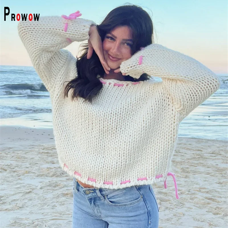 Prowow Casual Loose Style Women Sweater Coarse Yarn Knitter Pullovers 2024 New Arrivals Solid Color Female Tops Clothes