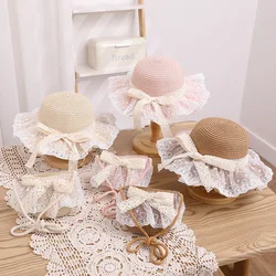 Sombrero de paja y bolso de hombro para niñas, gorra de cubo de playa a la moda de verano, sombreros de sol de playa de encaje de ala ancha para padres e hijos