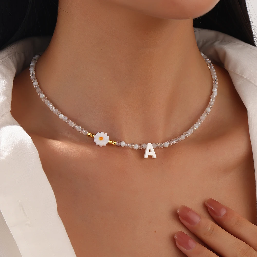 Bohemian style daisy white transparent bead women's necklace with 26 initials pendant fashionable and cute jewelry gift 2025