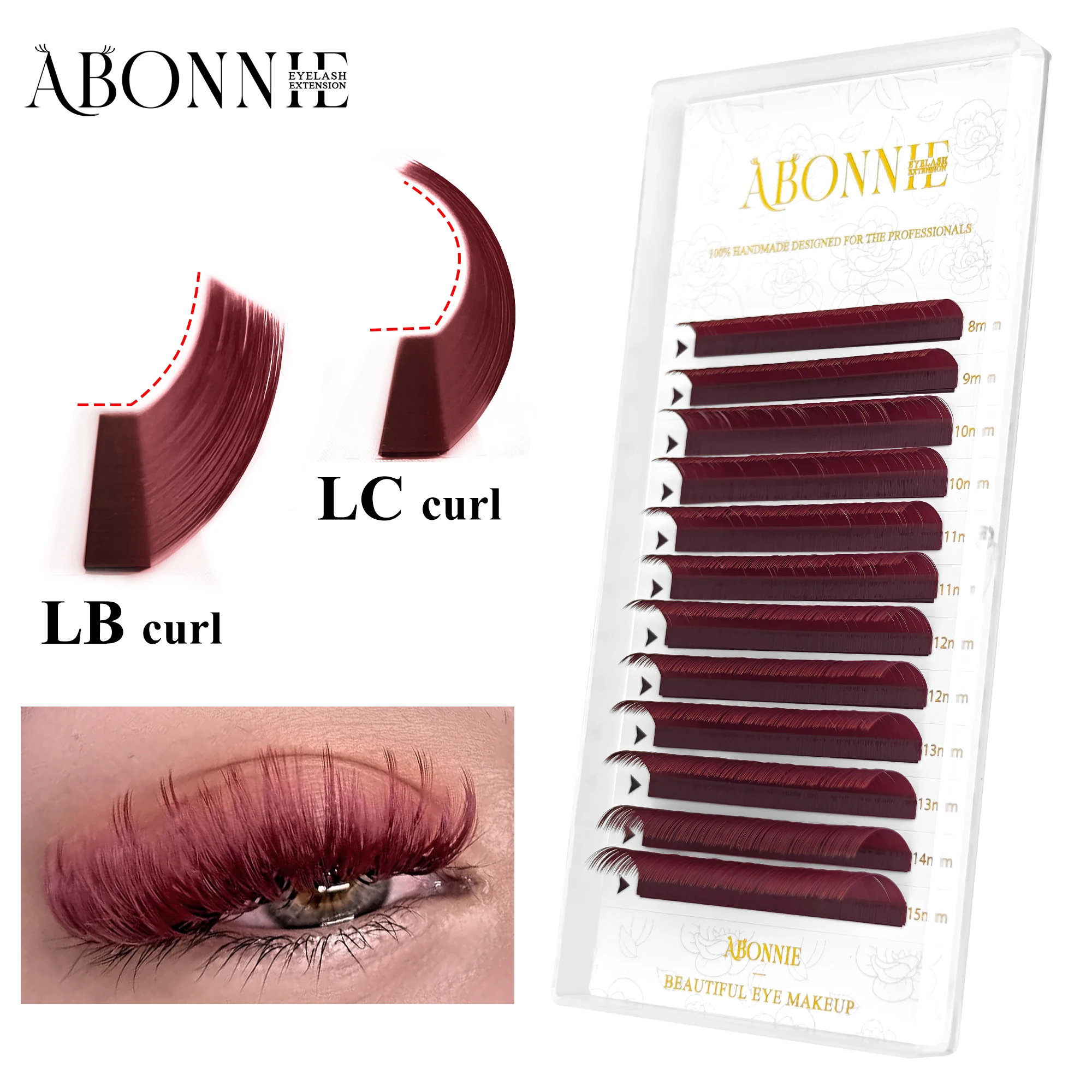 Extensões de Cílios ABONNIE LB LC Curl Vermelho Vinho Premium em Cashmere, Cílios Falsos de Visón em Cor Burgundy