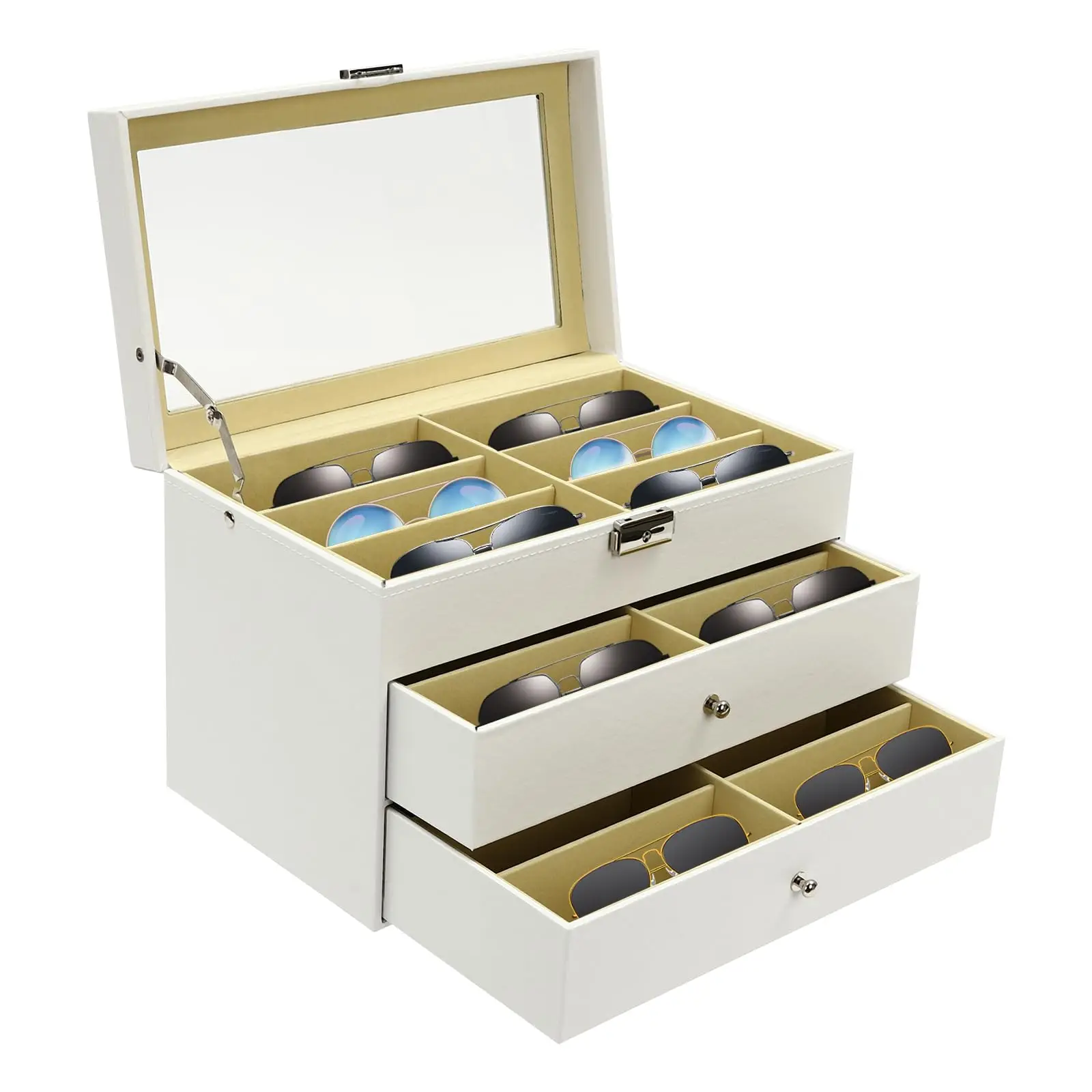 

18 Slots Sunglasses Organizer, 3 Layer White Eyeglasses Storage, Sunglasses Case Organizer, Lockable Glasses Organizer