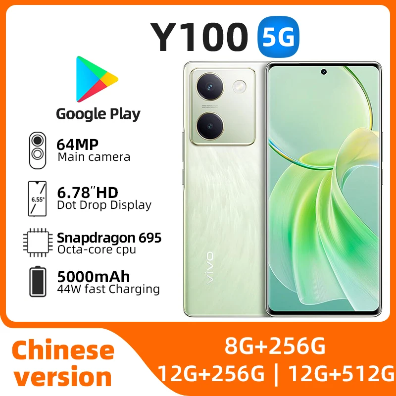 VIVO-Y100 amoled-スマートフォン,5g,6.78インチ,Snapdragon 695, 5000mAh, 44w,フラッシュ充電,64MPカメラ,オリジナル