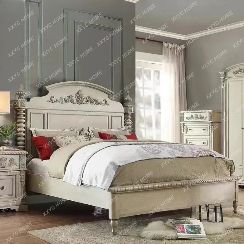

Simple White Vintage Distressed Double Bed Princess Bed Country Oak Carved Fashion Bed