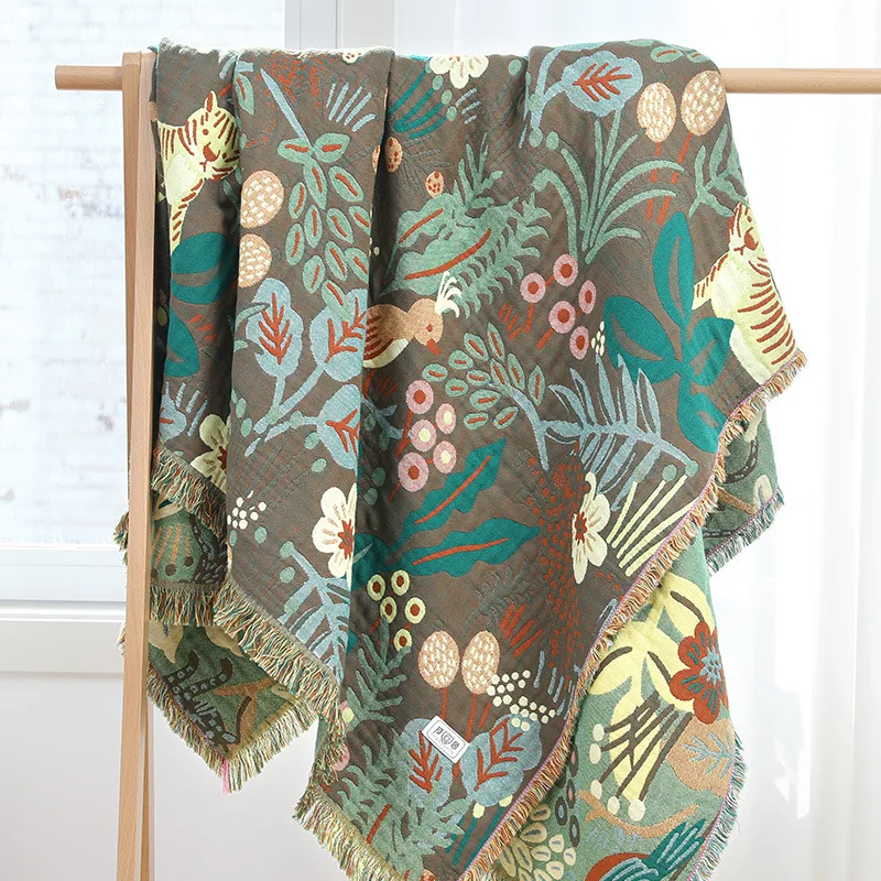 Textile City Jungle Tiger Floral Cotton Towel Blanket 6-Layer Gauze Combed Cotton Throw Multi-Purpose Active Printed Blanket
