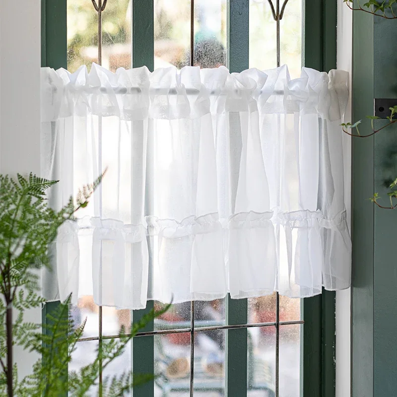 Cortina pequeña blanca para sala de estar, decoración romántica para armario de cocina, tratamiento de ventana corta, cortinas para puerta, cafetería, gasa transparente, 1 unidad