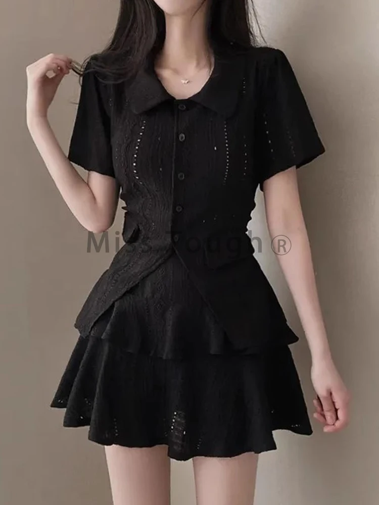 Korea Style Chic Summer Skirt Suit Sweet Women Lace Short Sleeve Top + Mini Pleated Skirt Female Casual Slim Short Sets Office