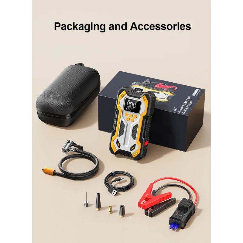 Démarreur d'urgence portable 5-en-1 30000mAh pour voiture, compresseur d'air intégré avec manomètre numérique, arrêt automatique, booster de batterie 12V pour véhicules, éclairage d'urgence LED pour essence, diesel, SUV, ATV, moto.