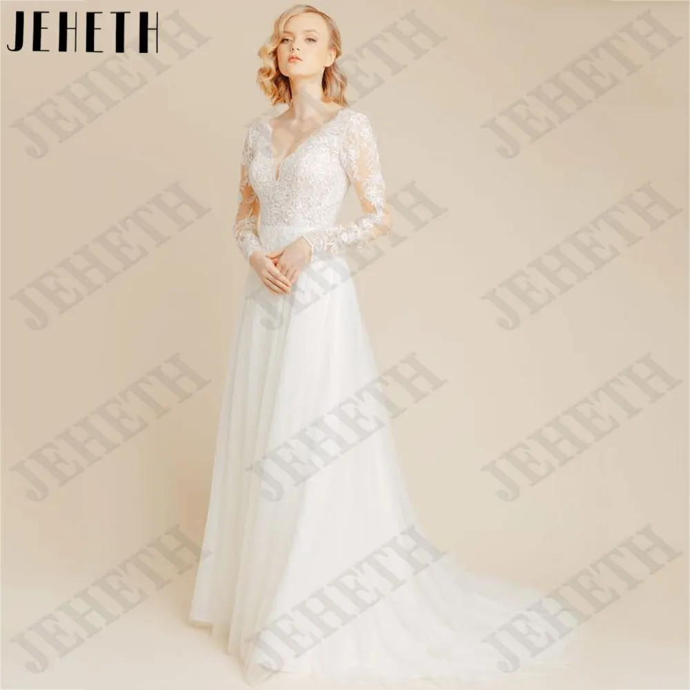 JEHETH-vestidos de novia de manga larga con cuello en V, traje de novia, línea A, Espalda descubierta, botones traseros, tul, hecho a medidaJEHETH-vestidos de novia de manga larga con cuello en V, traje de novia, línea