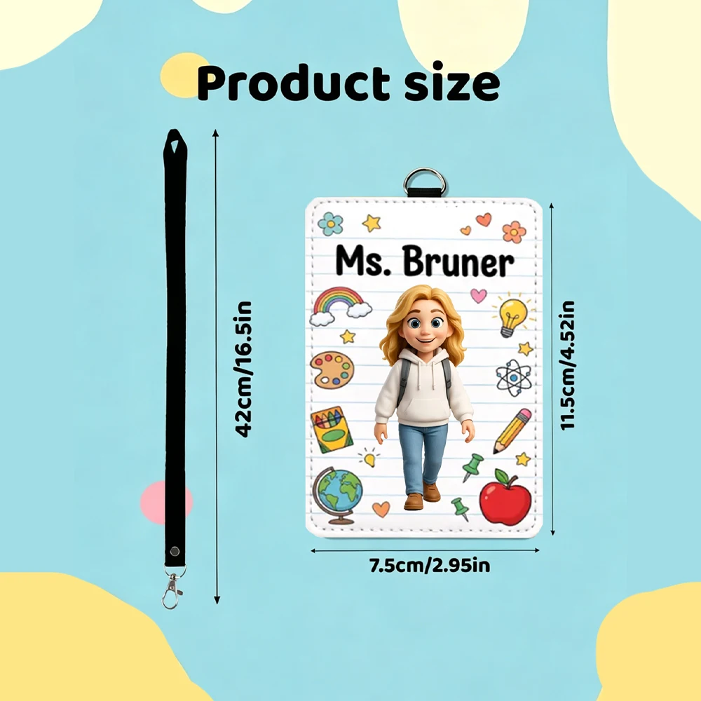 Personalized Custom Cartoon Teacher Avatar Badge Holder,Detachable Black Neck Lanyard,Back To School,Daily Identity Card Storage