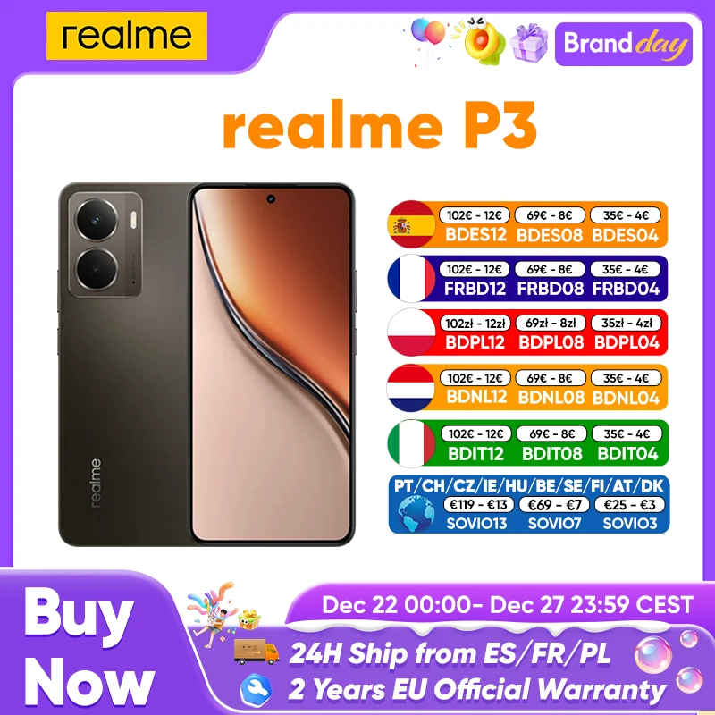 Version globale realme P3 5G Smartphone Snapdragon 6 Gen 4 Écran AMOLED Esports 120Hz Caméra AI 50MP Batterie 5260mAh 45W Charge IP69 Résistance à l'eau