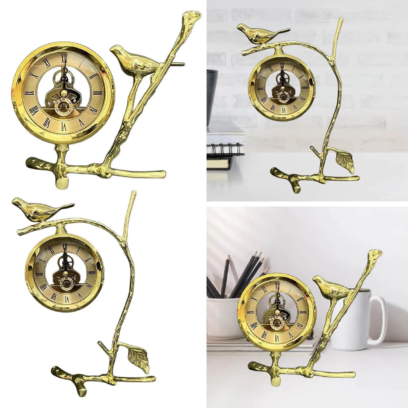 

Golden Branch Clock Elegant Bird Figurine for Office Tea Room Farmhouse