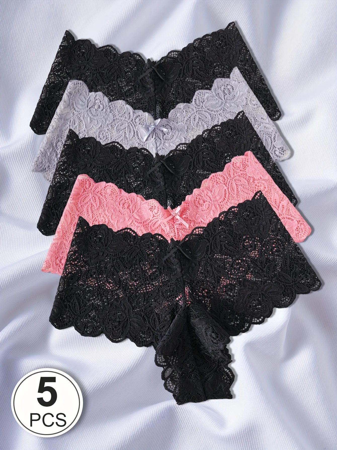 5-Piece Set of Women's 3D Embroidered Floral Lace Panties - Low-rise Hollow Sheer Underwear, Elegant Special Line Collection