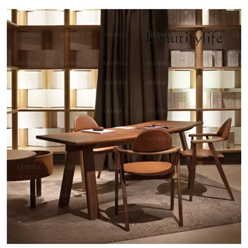M Italian Minimalist Saddle Leather Solid Wood Curved Walnut Desk Designer Large Calligraphy Workbench Home Living Room
