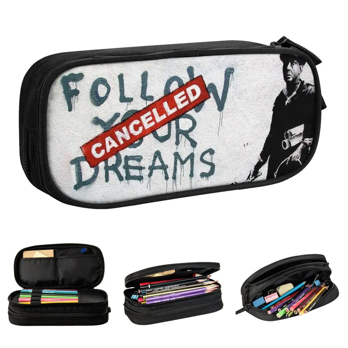 Banksy Follow Your Dreams Pencil Case Graffiti Pencilcases Pen for Student Large Storage Bags Office Zipper Stationery