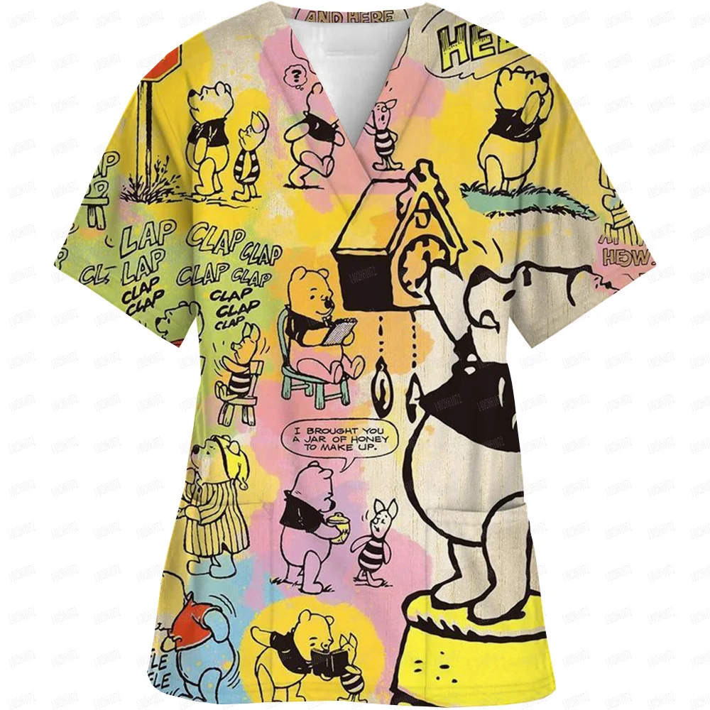 Women's Nursing Clothing Disney Winnie the Pooh Top Accessories Doctors Medical Uniform Hospital Nurse Beauty Salon Scrubs Top