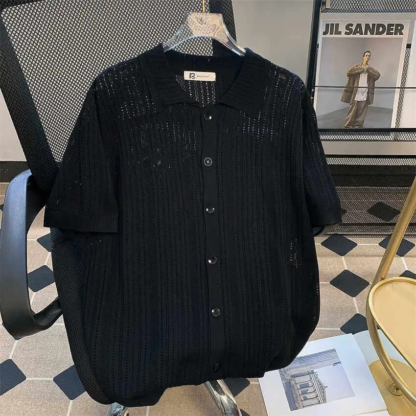 

Ice Silk Hollow Knitted Shirt Men's Summer High-End Feel Collar Cool Sensation Breathable Short Sleeve Cardigan Outerwear
