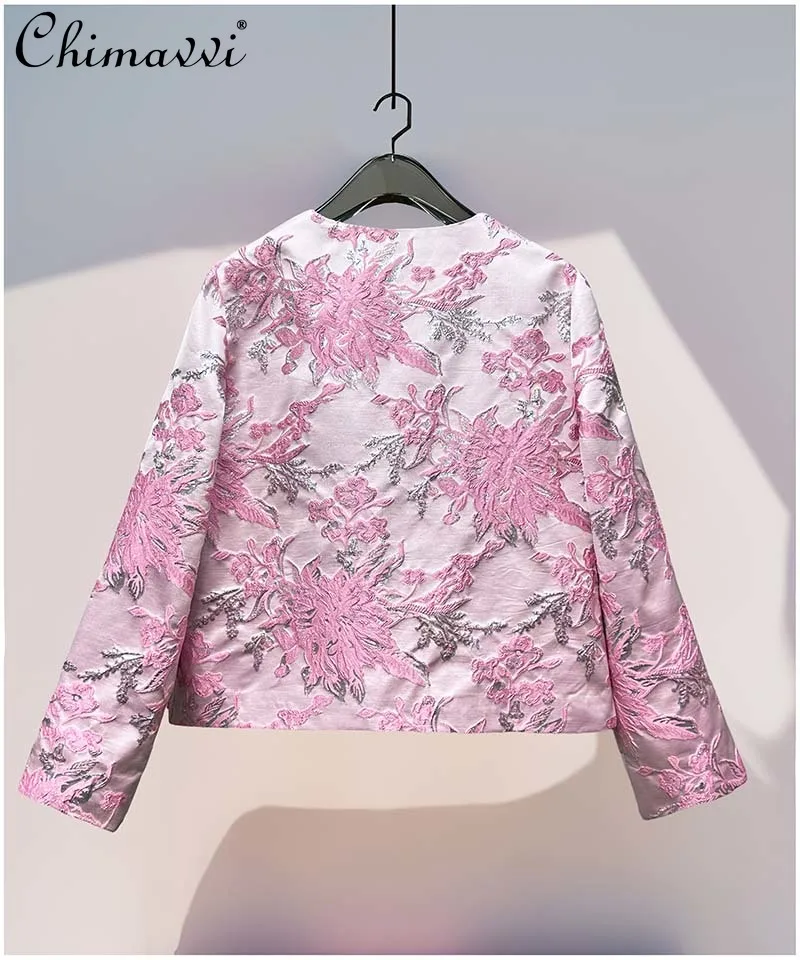 

2026, весеннее однобортное короткое пальто в китайском стиле, элегантное ретро-жаккардовое пальто с круглым вырезом и длинными рукавами, женские зимние куртки