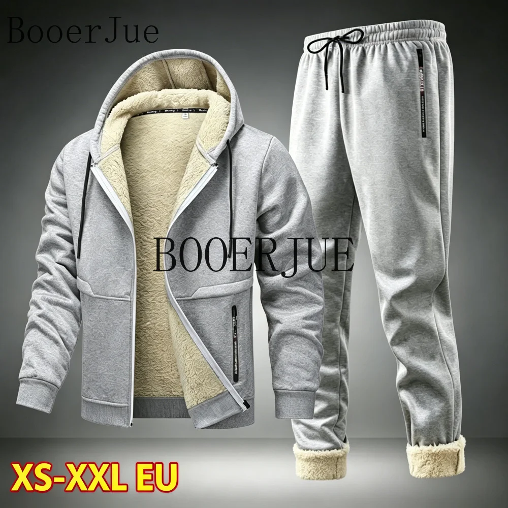 Conjunto deportivo de 2 piezas para hombre, cálido, para senderismo, correr, con capucha de forro polar, grueso, para invierno, con sudadera con cremallera y pantalones deportivos.