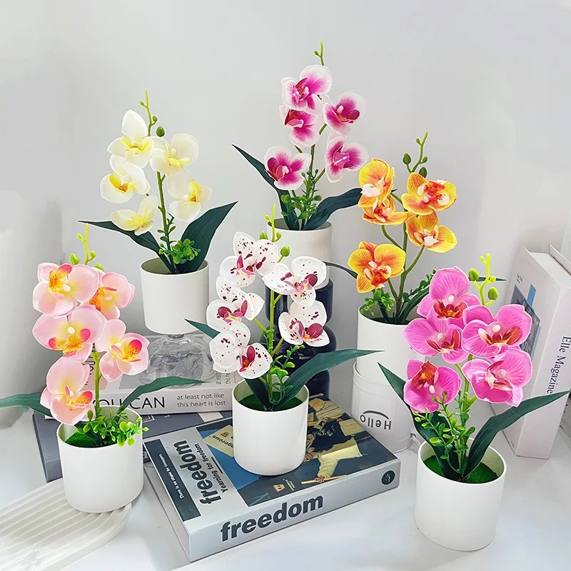 Simulación de 5 flores, orquídeas mariposa, plantas en macetas, decoración de salón de bodas, adorno de flores falsas de plástico, escritorio de oficina