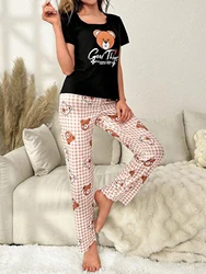 Cute Cartoon Bear Print Pajamas Set Short Sleeve Round Neck Top Bow Decor Pants Women's Sleepwear Loungewear Set