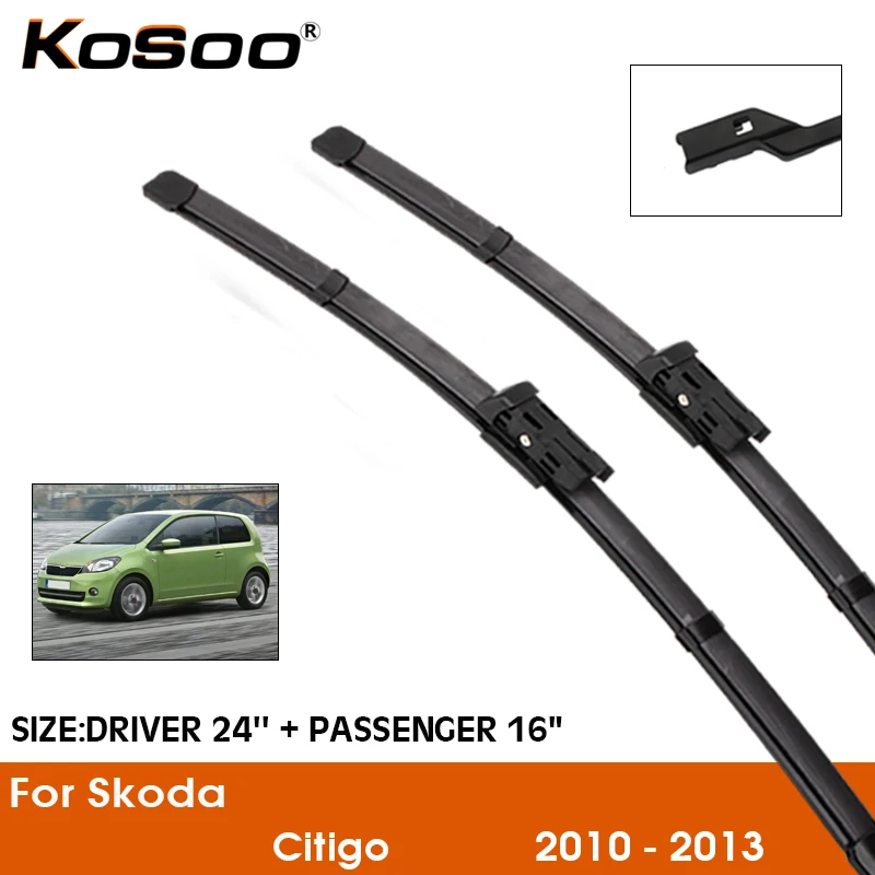 KOSOO For Skoda Citigo ,2010 2011 2012 2013 FitPush Button Arms Auto Natural Rubber Wiper Blades Clean The Windshield Styling