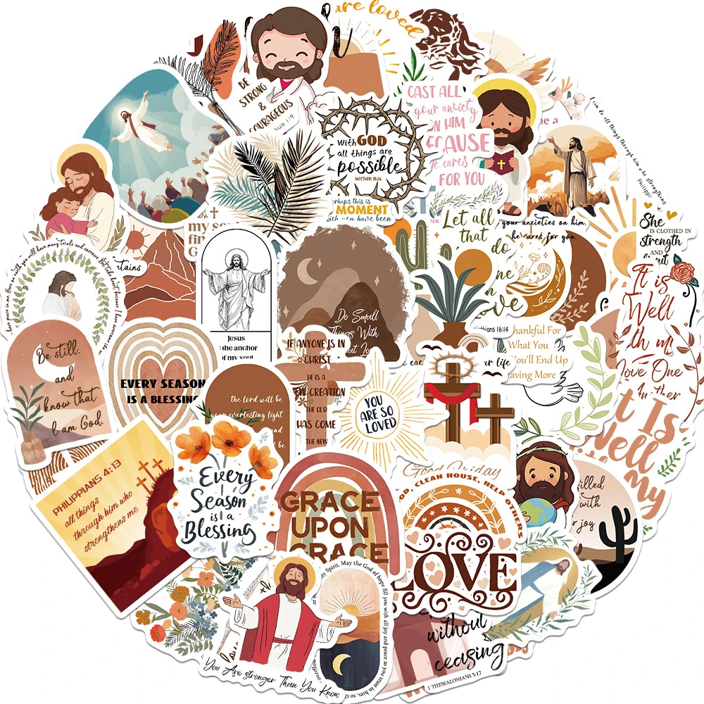 10/30/50pcs Retro Boho Jesus Christian Cartoon Stickers Bible Verses Decals Waterproof DIY Phone Stationery Decoration Sticker
