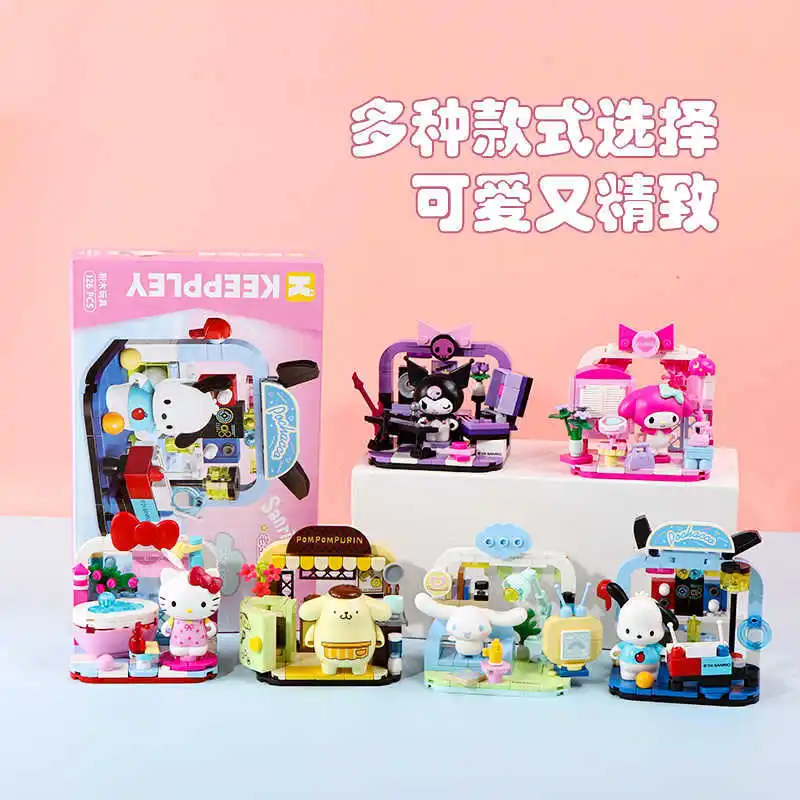 

Sanrio Series Building Blocks Hello Kitty Pochacco Kuromi Pom Pom Purin Scene Model Bricks Desktop Decoration girl's gift