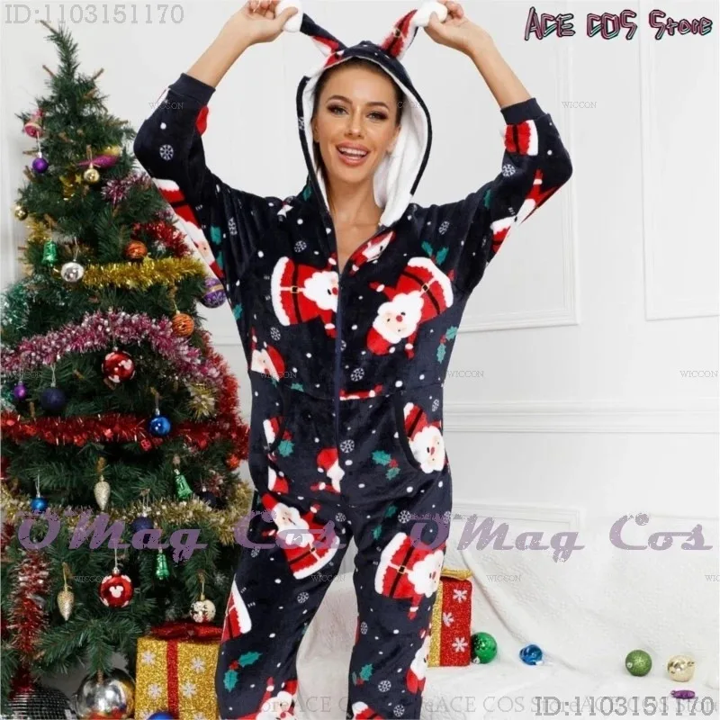 

COSda@2025 Christmas New Year Pajamas Suit Santa Cosplay Cute Lady Little Red Green Printing Hood Flannel Jumpsuit Women Home Cl