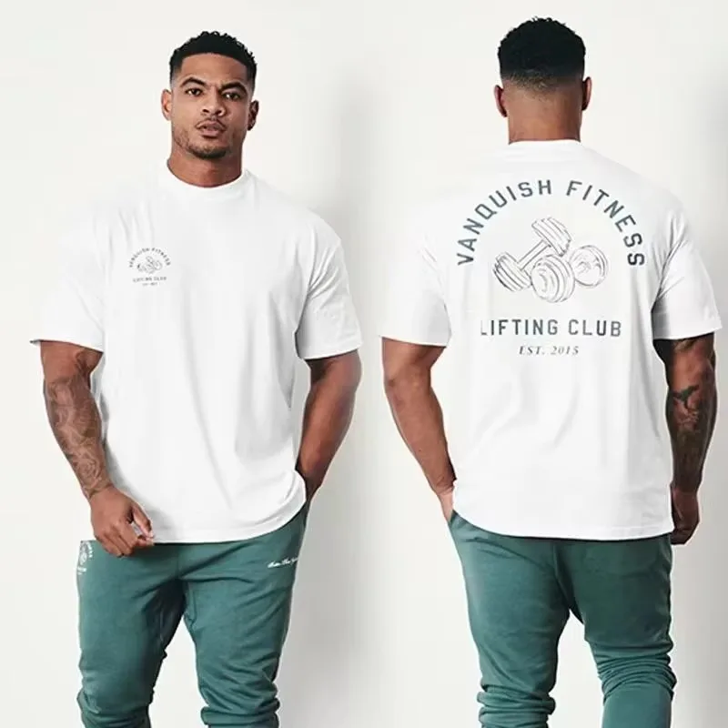 2026 new Men Black Crew Neck Short Sleeve T-shirt Dumbbell Graphic Gym Fitness Casual Workout Tees