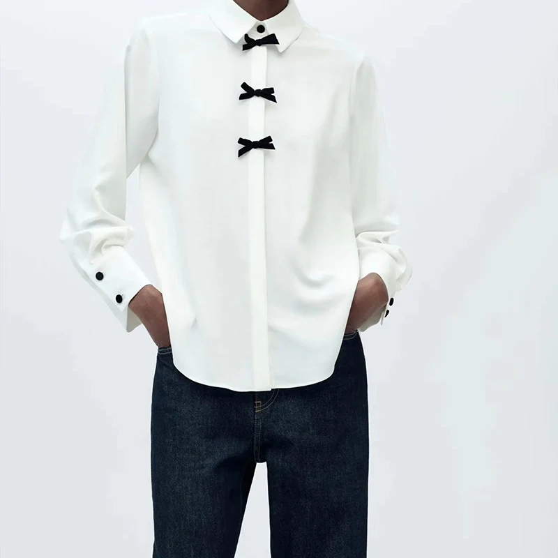 Z Polka Dot irt Long Sve da donna Colletto con bottoni Nodo Primavera 2025 Faion Versatile fibra di poliestere 00%