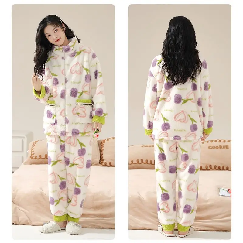 Flannel Pyjamas Korean Version for Women Plus Fleece Thickened Plush Autumn / Winter Girl Warm Internet Celebrity Home Wear Set