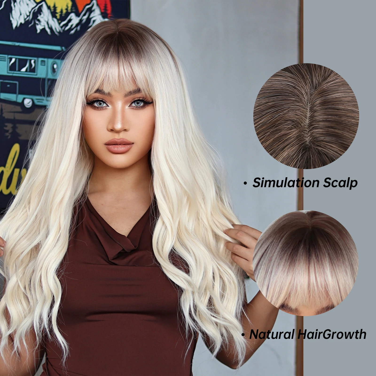 ALAN EATON Platinum Blonde Curly Synthetic Wigs with Bangs Ombre Blonde Hair Wig for Women Natural Looking Wig High Temperature