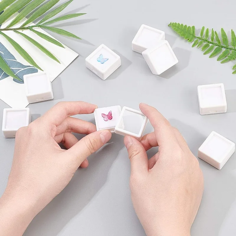 36PCS White Gemstone Display Box Mini Square Acrylic Jewelry Box Container 1.2x1.2x0.6 with Clear Top Lids and Sponge