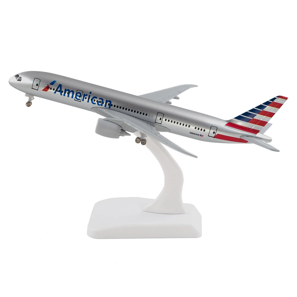 Pesawat Mediterania 787 20cm pesawat Aloi maskapai Amerika B787 dengan mainan Model roda hadiah anak-anak untuk koleksi