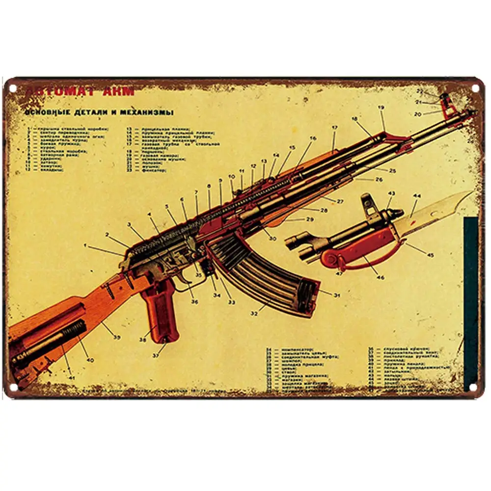 Retro Design AK47 Illustration Tin Metal Signs Wall Art | Thick Tinplate Print Poster Wall Decoration for Gun Shop/Garage