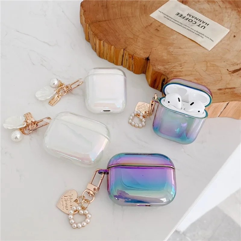 3D Rainbow Transparent Love shell keychain Headphone Earphone hard case for airpods 1 2 3 pro Wireless Headset Accessories cover