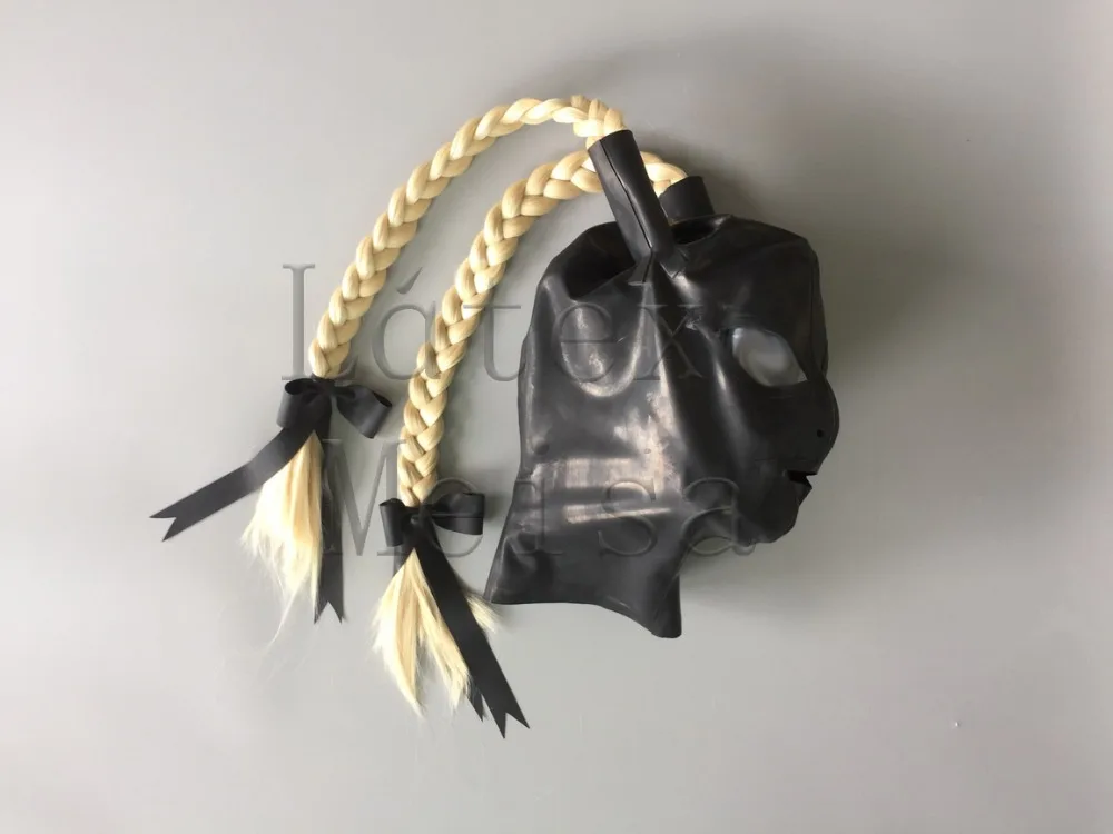 Nouveauté cagoules en latex avec décorations de tresses et narines à yeux ouverts et bouche avec fermeture éclair au dos pour femme