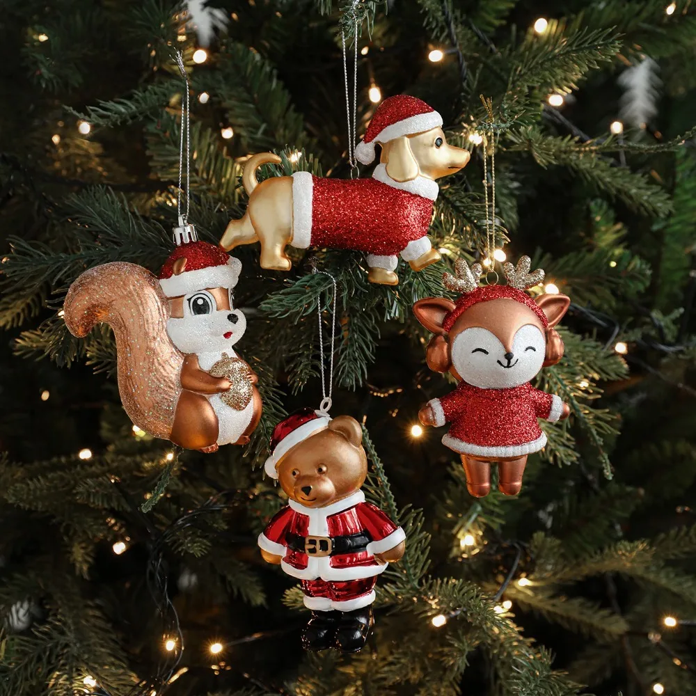 

Christmas Gold Red Sticky Powder Christmas Tree Decoration Pendant Christmas Gift Bag Car House Train Squirrel New Year ornament