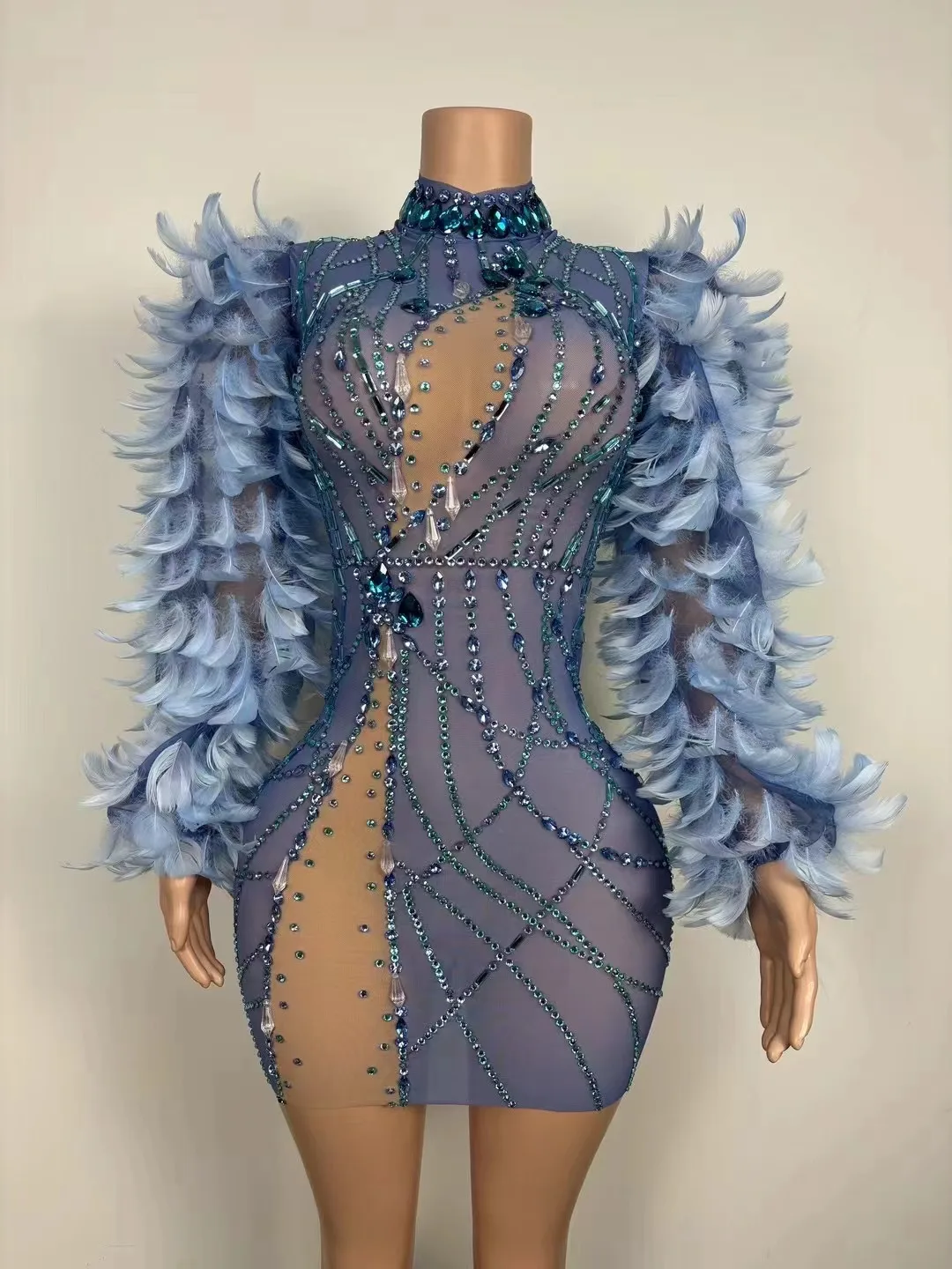 

VC Women'S Luxury Party Dress Blue Feather Design Long Sleeves Prom Short Formal Occasions Dress 2023 Autumn Winter