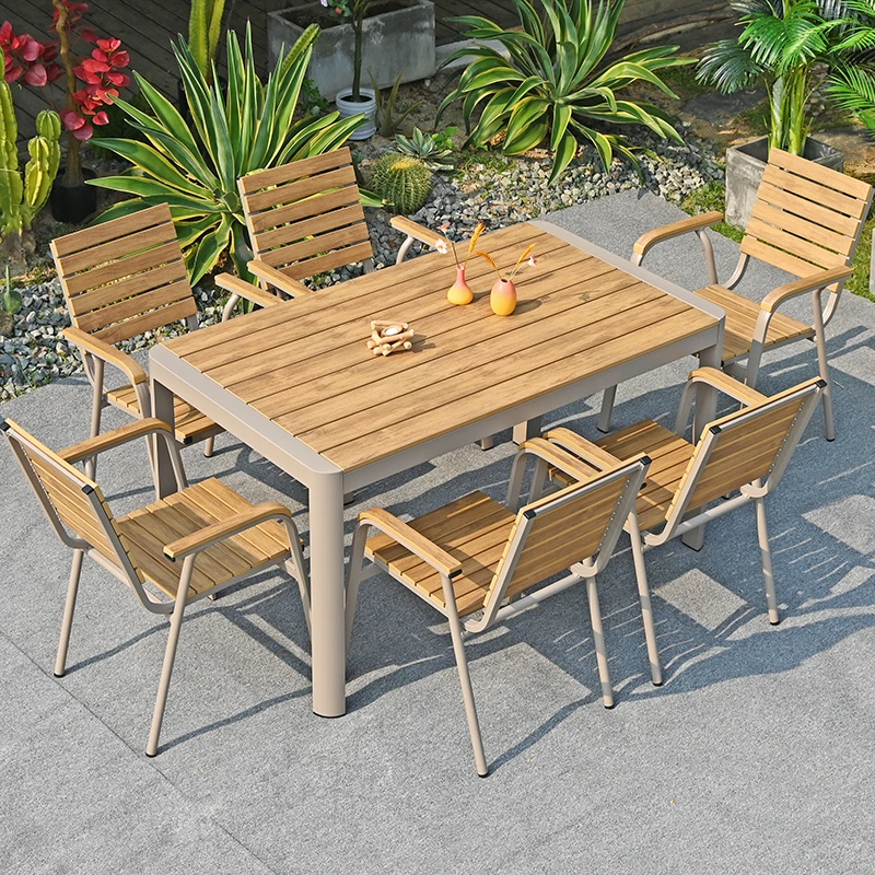 

Plastic wood tables and chairs outdoor courtyard outdoor open-air terrace waterproof and sunscreen aluminum