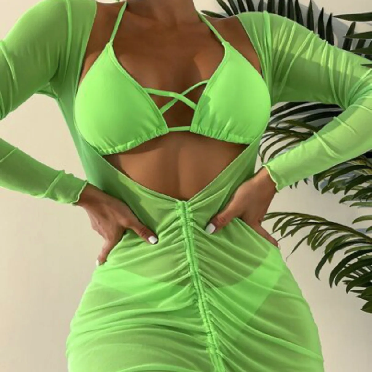 2025 new European and American three-piece long gauze skirt stapling rope straps swimsuit bikini bikini