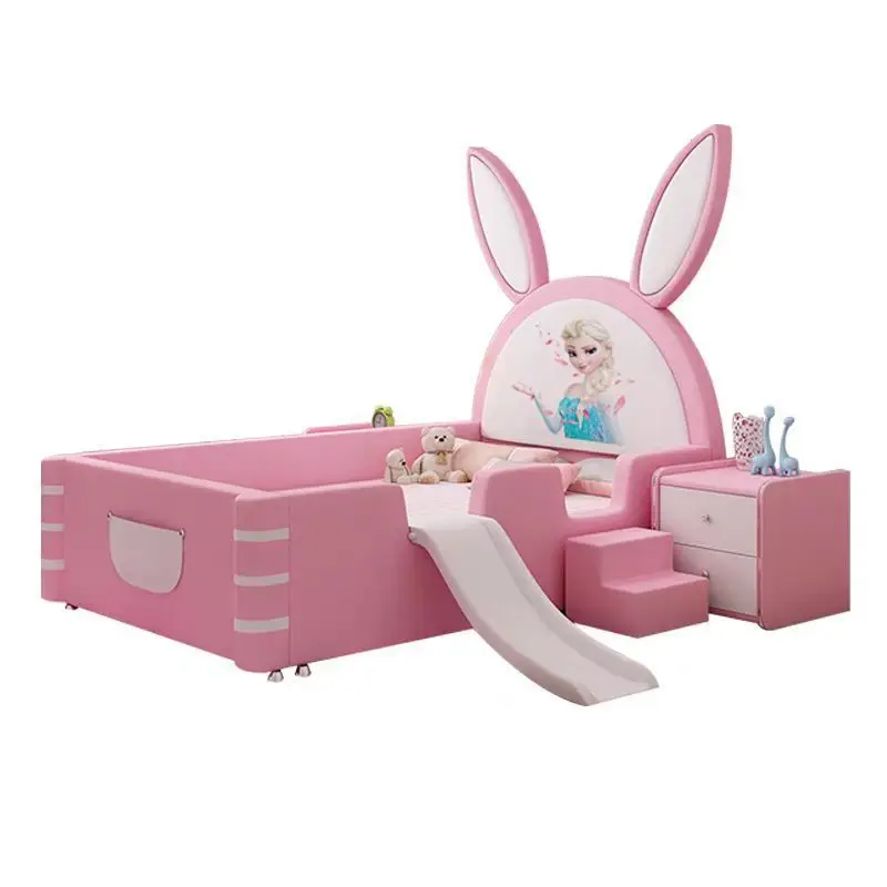 

Children Boys and Girls Princess Bed Bedroom Cartoon 1.5m Eco-friendly Leather Bed with Guardrail Rabbit Elsa